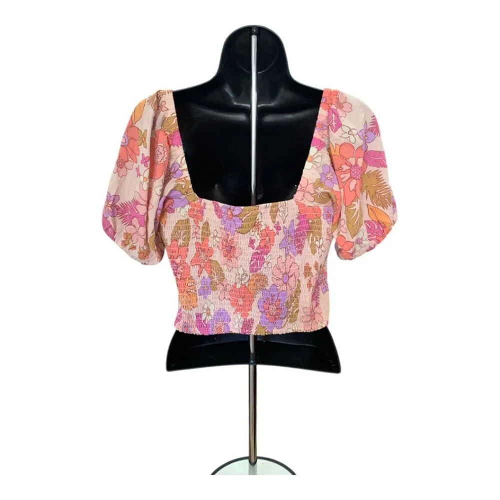 American Eagle Smocked Crop Top Pink Floral Size Medium - Picture 2 of 7
